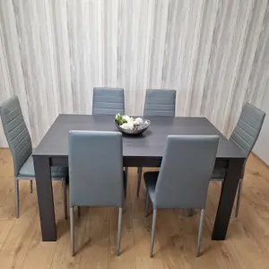 Dining Table and 6 Chairs  Black Dark Grey 6 Grey Leather Chairs Wood Dining Set Furniture