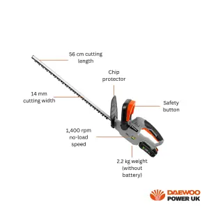 Daewoo U-FORCE Series 18V Cordless Hedge Trimmer + 2 x 2.0Ah Battery + Charger