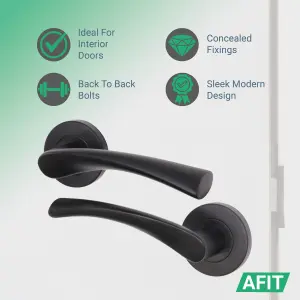 AFIT Matt Black Door Handle Latch set - Round Internal Door Handles, Latch (64mm), Hinges (76mm) Matt Black Lever on Rose Novi