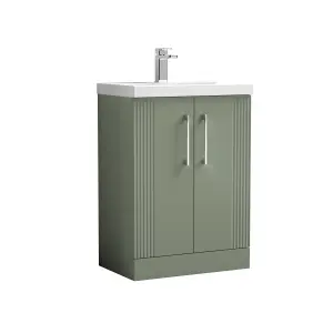 Retro 2 Door Floor Standing Vanity Unit with Thin-Edge 1 Tap Hole Ceramic Basin - 600mm - Satin Green - Balterley