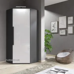 Furneo Modern White High Gloss & Matt Graphite Corner Wardrobe Bedroom Closet Storage With LED Light Clifton 14G