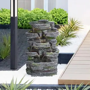 Grey Faux Rock Solar Power Resin Garden Water Fountain Water Feature with LED Lights