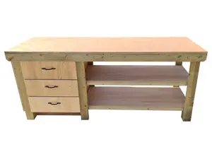 Wooden Eucalyptus top tool cabinet workbench with storage shelf (V.7)  (H-90cm, D-70cm, L-210cm) with double shelf