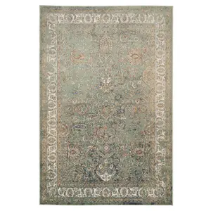 Green Cream Bordered Traditional Distressed Rug 190x280cm