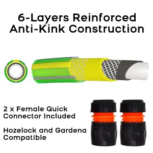 Garden Hose Pipe, Outdoor Tap to Reel Connection Set, 6 Layer Non-Toxic 1/2" Hose (Green, 1.5 m / 4.92 ft + 2 Quick Connectors)