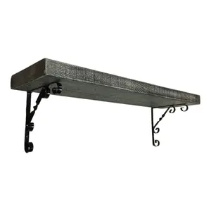 Solid Wood Handmade Rustical Shelf Monochrome 145mm 6 inch with Black Metal Bracket WO Length of 230cm