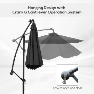 Outsunny 3(m) LED Patio Banana Umbrella Cantilever Parasol w/ Crank, Black