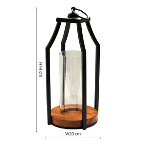 Felicity Circular Base Lantern in Acacia Wood/Black H44cm W20cm