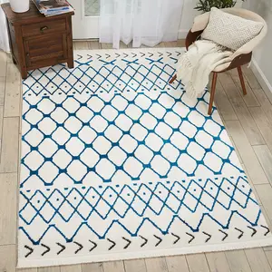 White Blue Shaggy Modern Moroccan Geometric Rug Easy to clean Living Room Bedroom and Dining Room-239cm X 320cm