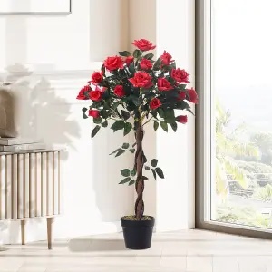 Red Artificial Rose Flower Tree Fake Plant House Plant in Black Pot H 90 cm