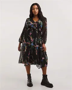 Fashion World Floral Print Tiered Midi Dress - Black - Size 14 - Women's