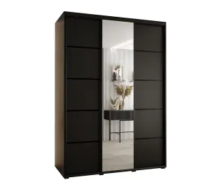 Modern Black Mirrored Cannes V Sliding Wardrobe H2050mm W1800mm D600mm with Custom Black Steel Handles and Decorative Strips