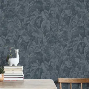 Erismann Abode Play of Light Palm Leaves Foliage Navy Blue Wallpaper