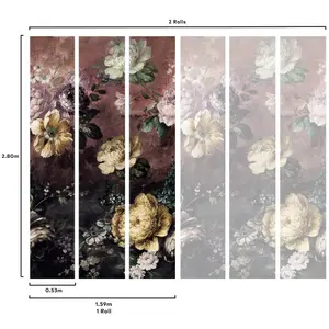 Grandeco Painted Flowers Burgundy 3 Lane Repeatable Wallpaper Mural 159 x 280cm