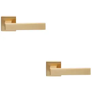 2 PACK - Contemporary Flat Door Handle Set - Satin Brass Sleek Lever on Square Rose