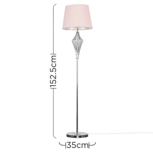 ValueLights Jaspa Polished Chrome Metal Wire Geometric Diamond Design Floor Lamp with Pink Shade