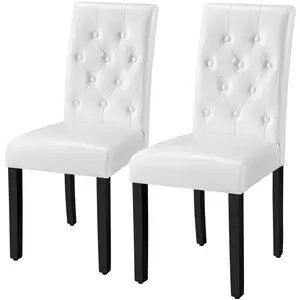 Button Tufted Padded Faux Leather Dining Chair with Solid Wood Legs (Set of 2) White