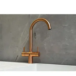 Liquida W03CP Swivel Spout Swan Neck Twin Lever Copper Kitchen Mixer Tap