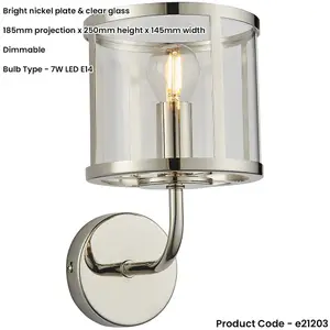 Indoor Bright Nickel Plate Wall Light - Clear Glass Shade - Dimmable 7W LED E14