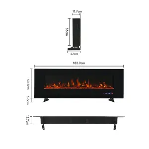 Black Electric Fire Wall Mount or Inset Fireplace 12 Flame Colors with Remote Control and Freestanding Legs 72 inch