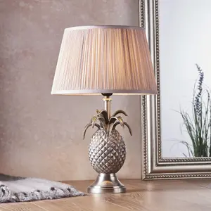 Table Lamp Pewter Plate & Dusky Pink Silk 60W E27 GLS Base & Shade