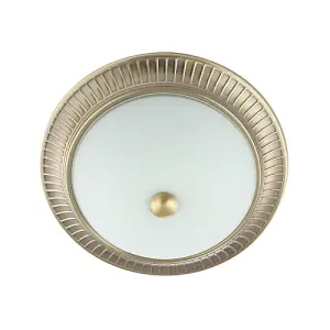 Traditional Antique Brass Flush Ceiling Light Fitting with White Glass Diffuser