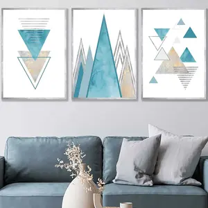 Set of 3 Mid Century Aqua Blue Abstract Geometric Wall Art Prints / 50x70cm / Silver Frame