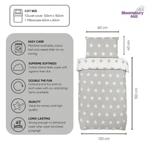 Bloomsbury Mill - Grey and White Stars Reversible Toddler Cot Bed Duvet Cover and Pillowcase Set - Cot Bed - 150 x 120cm