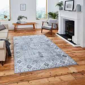 Silver Traditional Rug Persian Geometric Bordered Rug for Living Room Bedroom and Dining Room-120cm X 170cm