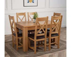 Dakota 127 x 82 cm Chunky Oak Small Dining Table and 6 Chairs Dining Set with Berkeley Brown Leather Chairs