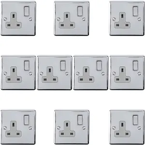 10 PACK 1 Gang Single UK Plug Socket POLISHED CHROME 13A Switched GREY Trim