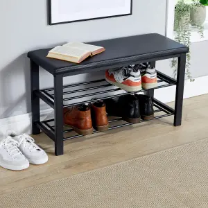 Home Source Sleaford Black Metal PU Upholstered Shoe Bench