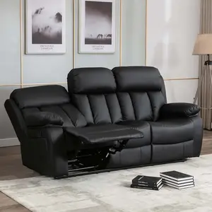 Chester Manual High Back Luxury Bond Grade Leather Recliner 3 Seater Sofa (Black)