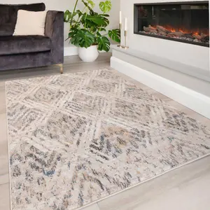 Neutral Beige Distressed Diamond Soft Living Area Rug 80x150cm