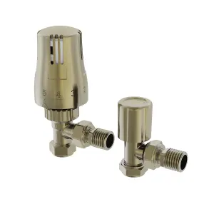 Right Radiators Angled Thermostatic TRV & Lockshield Radiator Valves 1/2"x15mm Brushed Brass One Pair