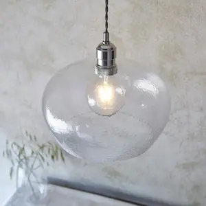 Luminosa Livorno Dome Pendant Ceiling Light Bright Nickel Plate, Clear Hammered Glass