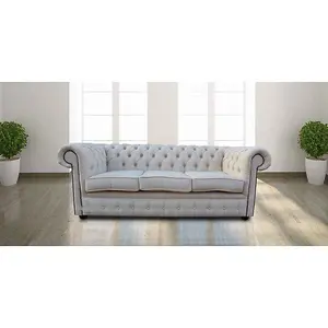 Chesterfield Original 3 Seater Sofa Settee Zoe Plain Parchment Cream Fabric In Classic Style