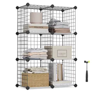 SONGMICS 6-Cube Wire Grid Storage Rack, Interlocking Shelving Unit with Metal Mesh Shelves and PP Plastic Sheets