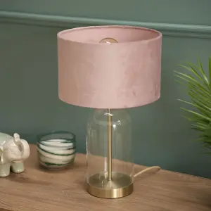 ValueLights Jessy Glass and Gold Metal Bedside Table Lamp with a Blush Pink Velvet Lampshade