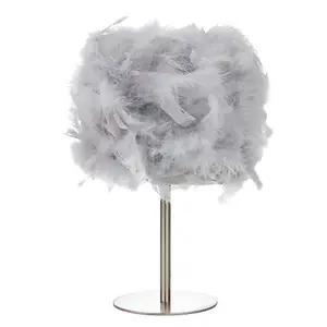 Modern and Chic Real Grey Feather Table Lamp with Satin Nickel Base and Switch