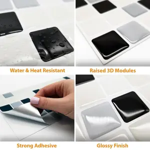 Walplus Classic Black and White Mosaic 3D Tile Stickers Multipack 60pcs