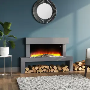 LED Freestanding Electric Fire Suite Black Fireplace with Grey Surround Set 7 Flame Colors Adjustable 47 Inch