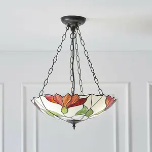 Tiffany Glass 3 Ceiling Light Pendant - Modern Floral Design - Dark Bronze Finish