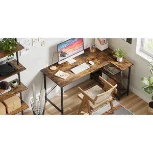 L-Shaped Desk (120 or 140cm x 90cm) Corner Desk with Adjustable Shelves by Aliff Rustic Brown / 74cm H x 140cm W x 90cm D