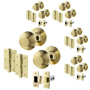 AFIT Beehive Door Knob Set Polished Brass - 4 Pairs of Reeded Mortice Knobs (55mm), Latch (76mm) & Hinges (76mm) for Internal Door