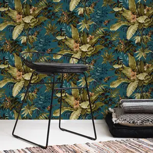 Grandeco Lush Leaves Vintage Canpoy Textured Wallpaper, Deep Teal