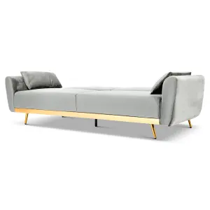 Libbie 3 Seater Light Grey Velvet Sofa Bed with Gold Detail