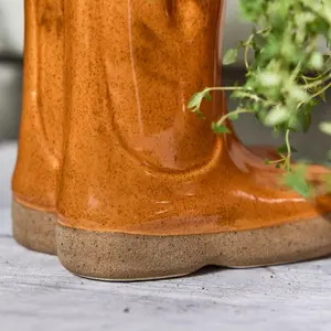 Orange Double Wellington Boots Large Ceramic Planter Indoor Outdoor Flower Pot Garden Planter