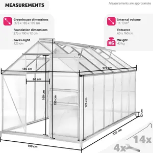 Greenhouse with Base - aluminium frame, sliding door, roof window - 375 x 185 x 195 cm