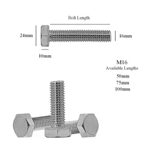 10 x Hex Head Set Screw Bolts M16 x 75mm, Fully Threaded,